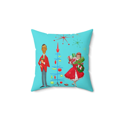 Mid Century Christmas, His And Her, Kitschy Cute, Vintage Mod Aqua Blue, Red, Candy Cane Pillow And Insert Home Decor