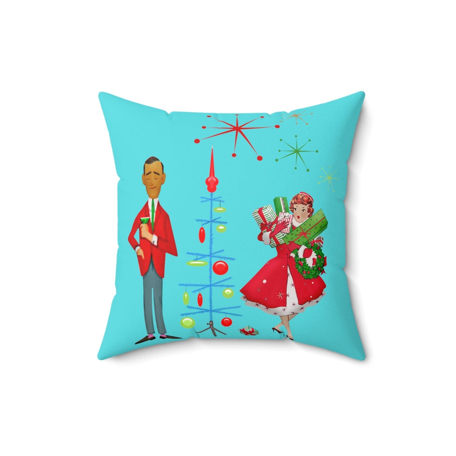 Mid Century Christmas, His And Her, Kitschy Cute, Vintage Mod Aqua Blue, Red, Candy Cane Pillow And Insert Home Decor
