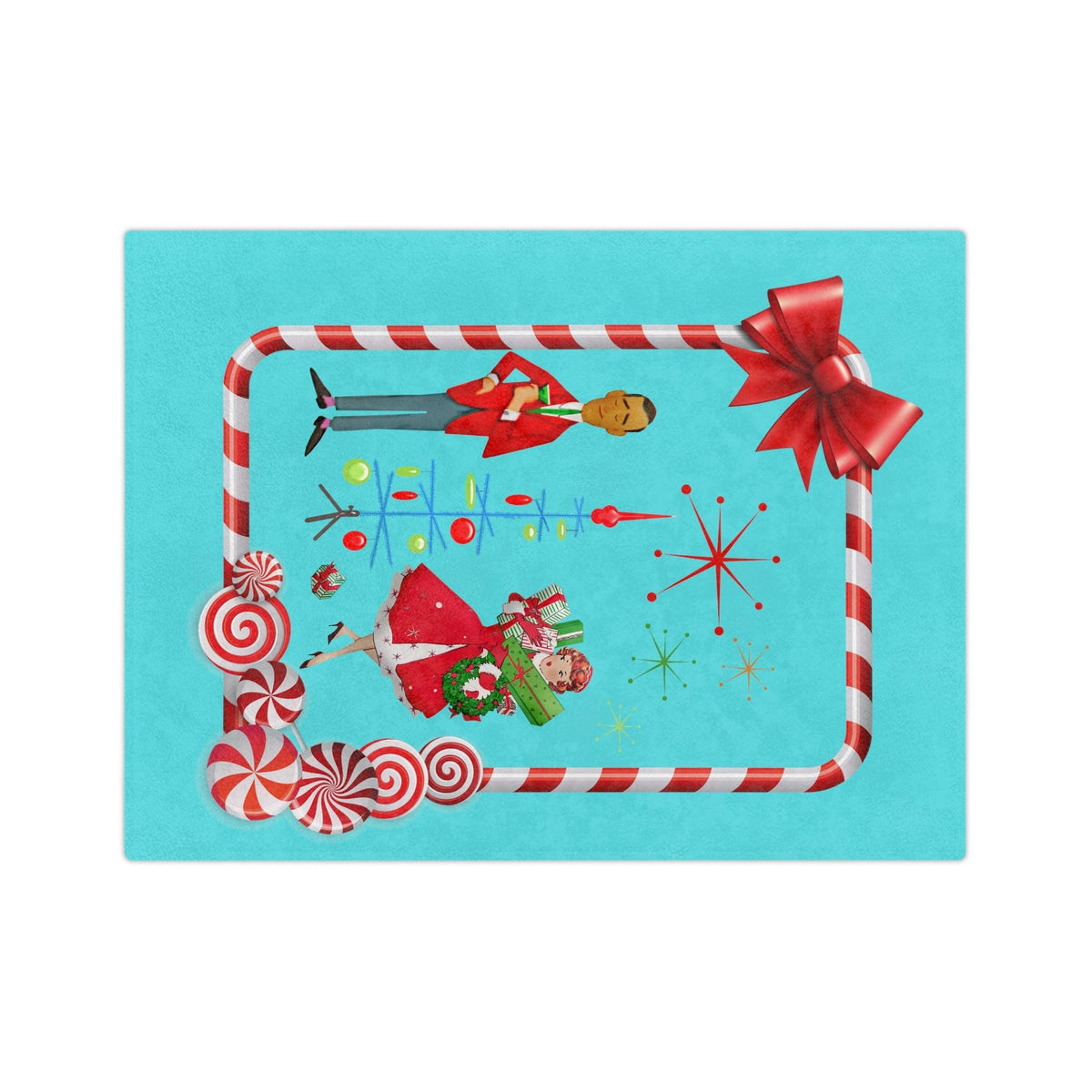 Mid Century Christmas, His And Her, Kitschy Cute, Vintage Mod Aqua Blue, Red, Candy Cane Velveteen Minky Blanket Home Decor