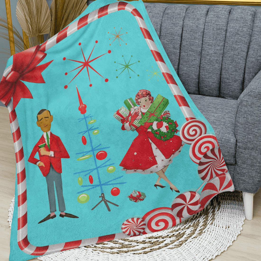 Mid Century Christmas, His And Her, Kitschy Cute, Vintage Mod Aqua Blue, Red, Candy Cane Velveteen Minky Blanket Home Decor