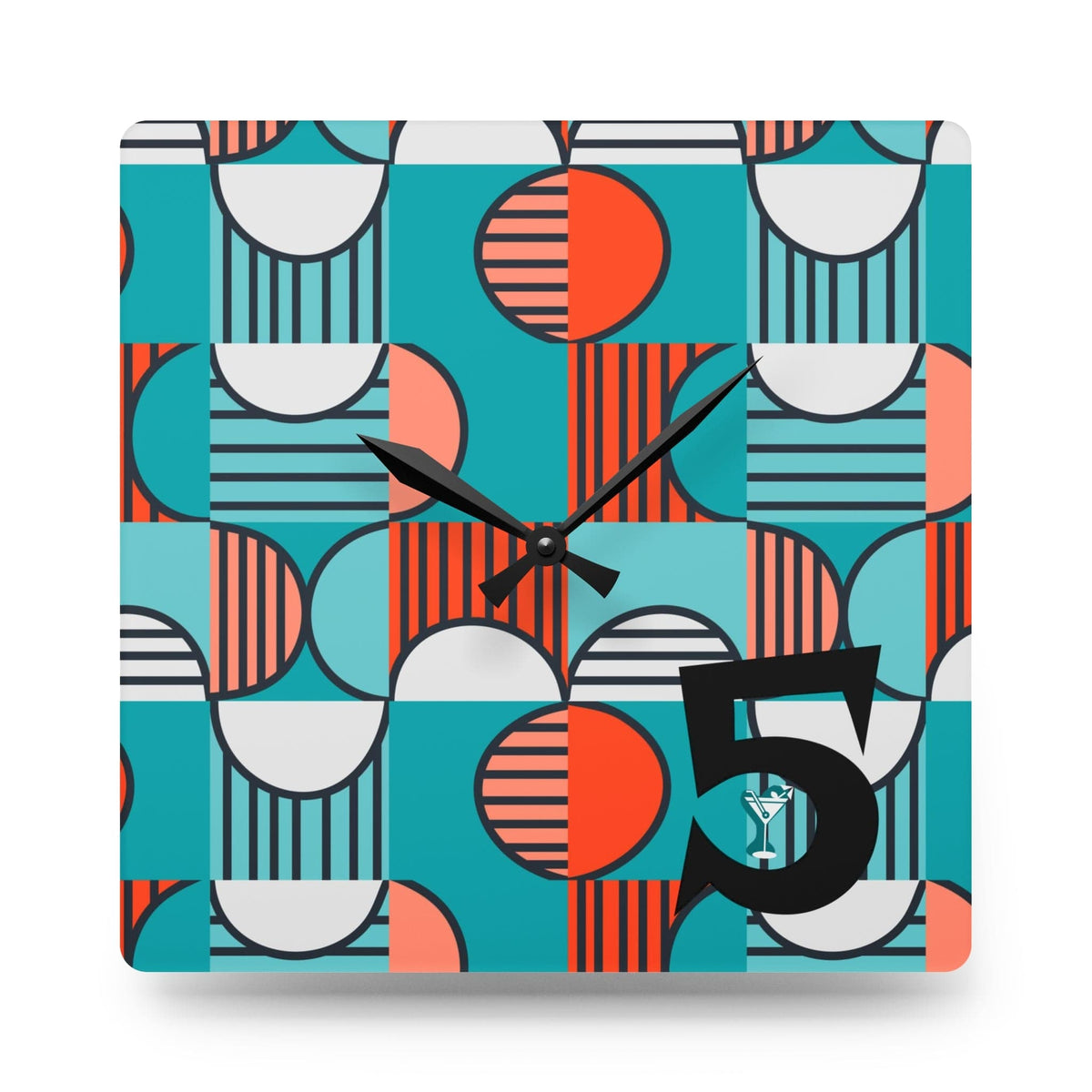 Mid Century Modern Aqua, Orange, Geometric 5'oclock Happy Hour Acrylic Wall Clock Home Decor