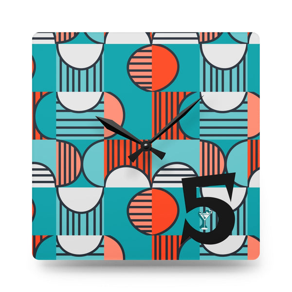 Mid Century Modern Aqua, Orange, Geometric 5'oclock Happy Hour Acrylic Wall Clock