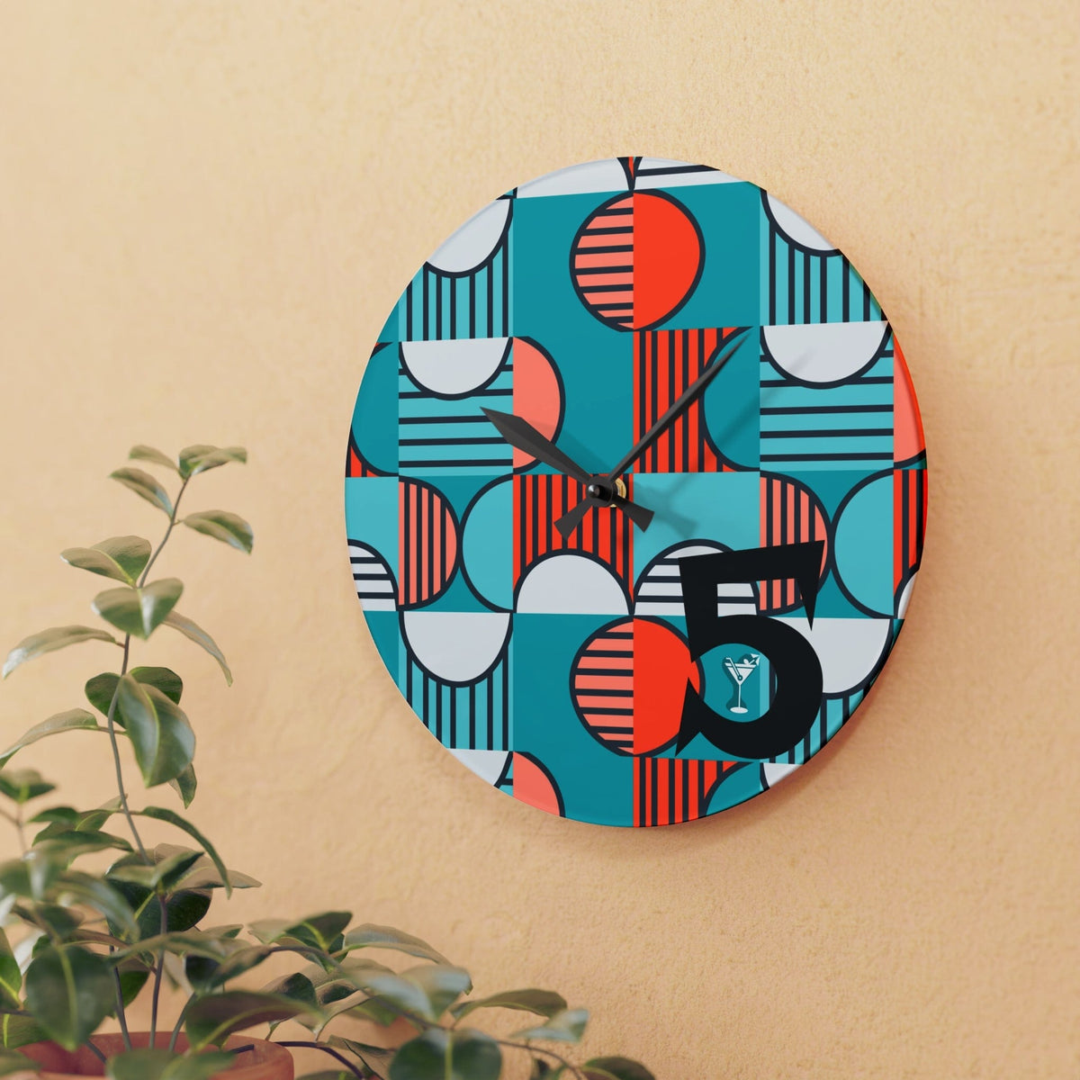 Mid Century Modern Aqua, Orange, Geometric 5'oclock Happy Hour Acrylic Wall Clock Home Decor