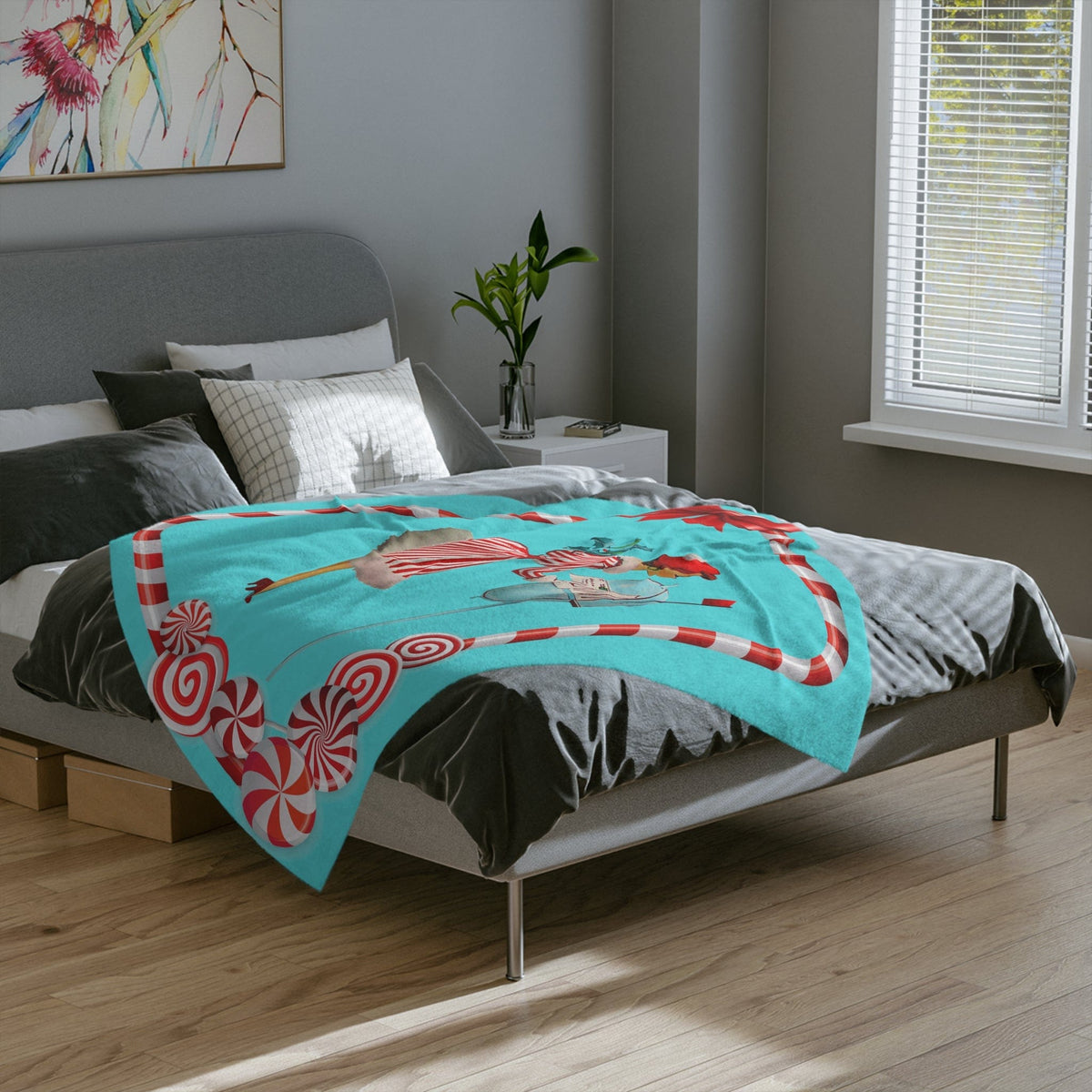 Mid Century Modern, Aqua, Red, Christmas Candy Cane, Kitschy Retro Velveteen Minky Blanket Home Decor