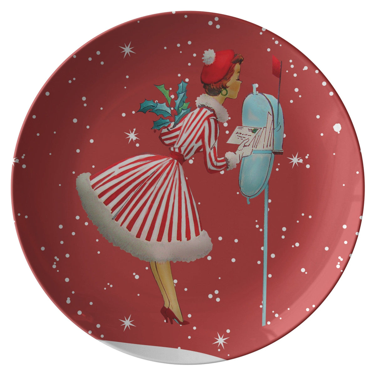Mid Century Modern Atomic 50's Red, Aqua Blue, Retro Christmas Plates Kitchenware