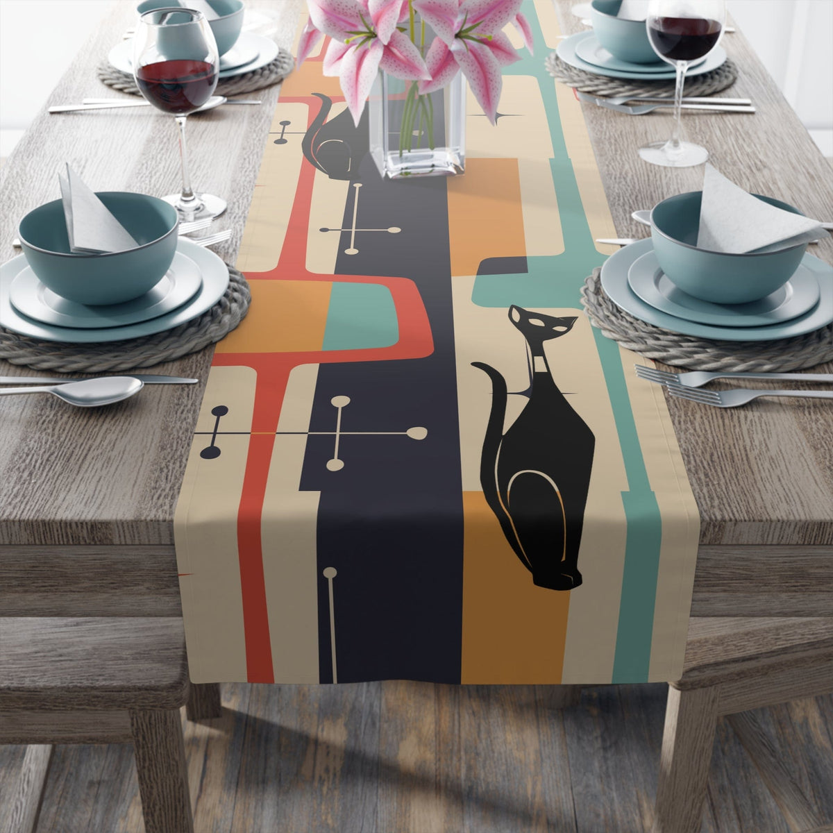Mid Century Modern Atomic Cat, Retro Table Runner Home Decor