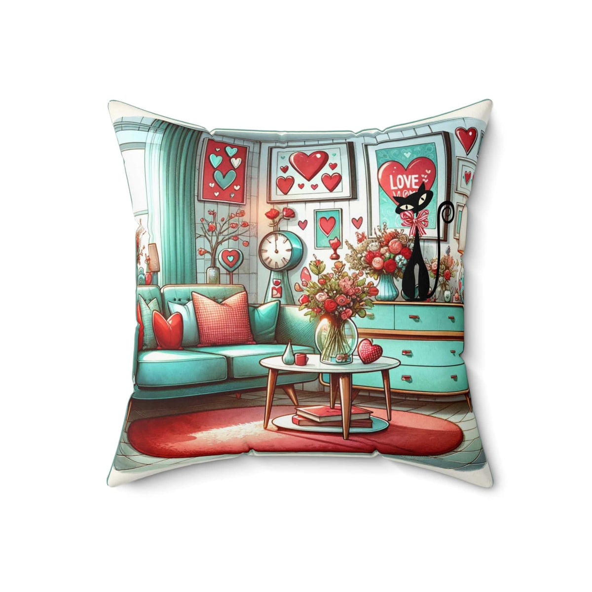 Mid Century Modern Atomic Cat, Valentine Kitsch Love Pillow, Pink, Aquas, Red, Retro Valentine Pillow And Insert Home Decor