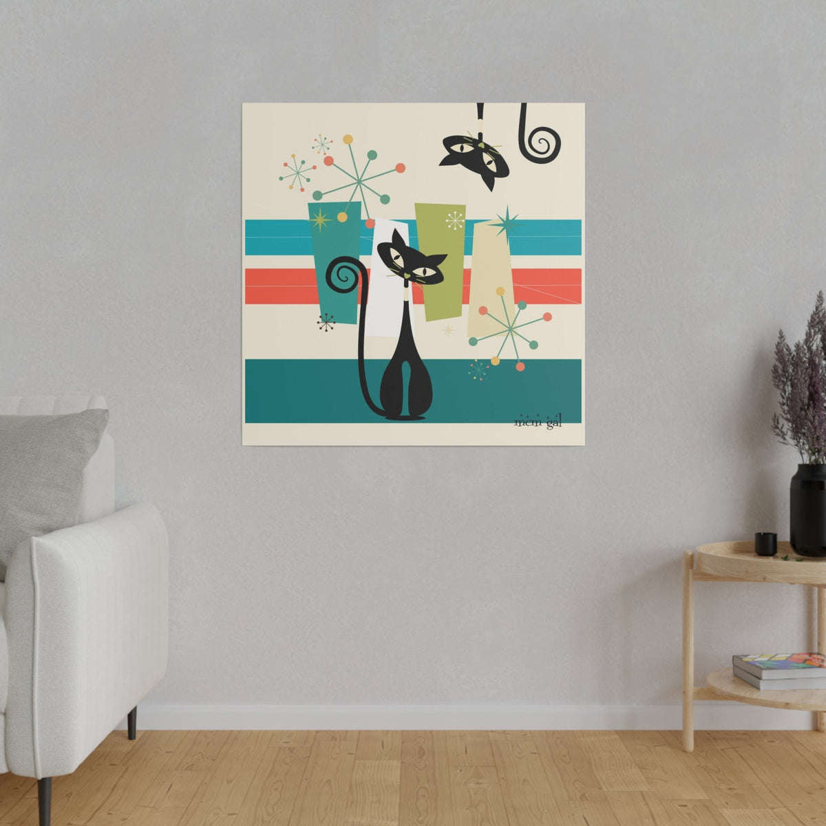 Mid Century Modern Atomic Kitty Cat, MCM Wall Art Matte Canvas Canvas