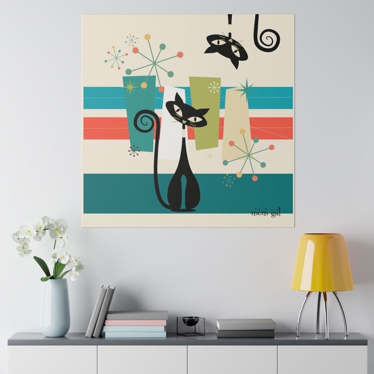 Mid Century Modern Atomic Kitty Cat, MCM Wall Art Matte Canvas Canvas