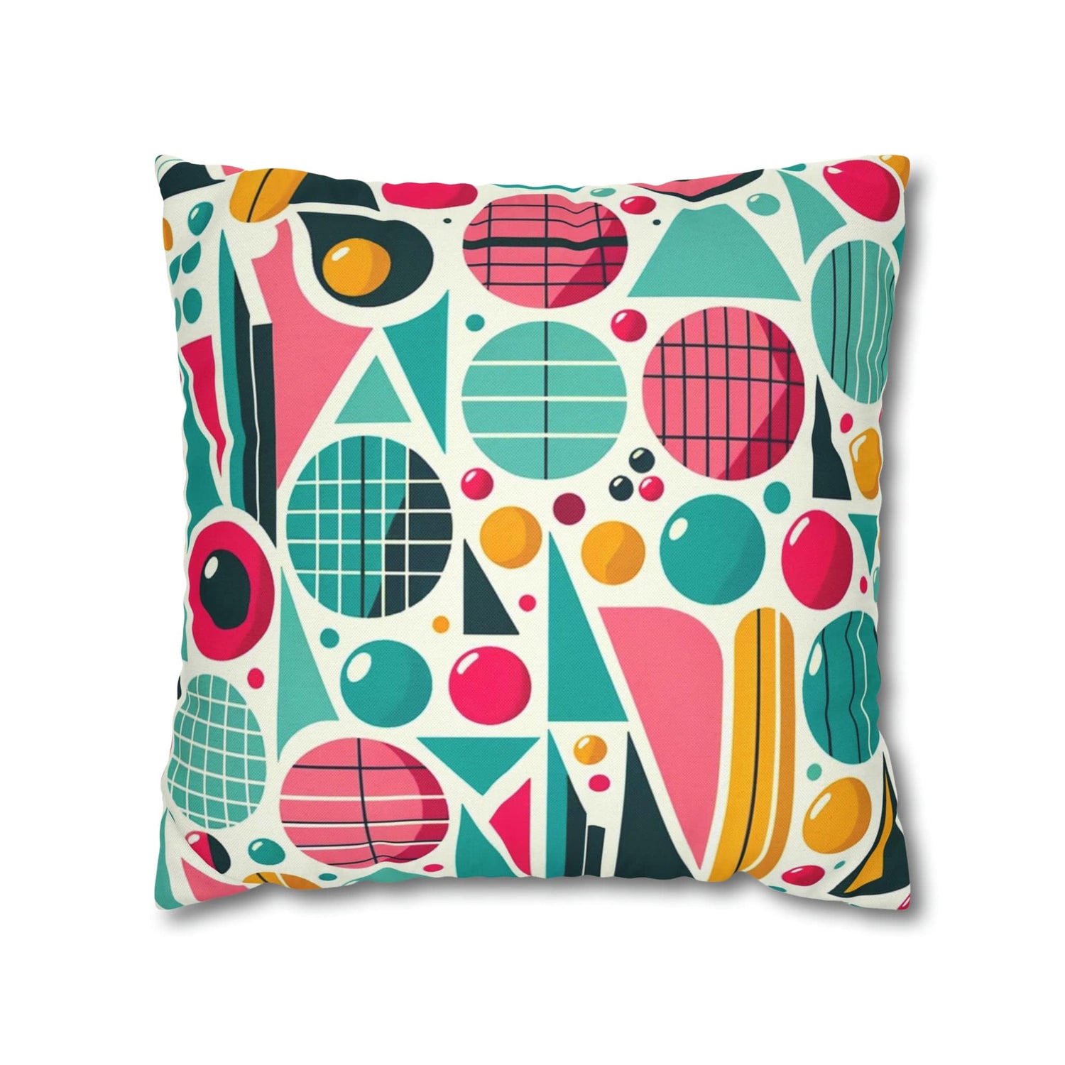 Mid Century Modern Atomic Pink, Geometric, Aqua Blue, Yellow, Mod Retro Groovy Spun Polyester Square Pillow Case Home Decor