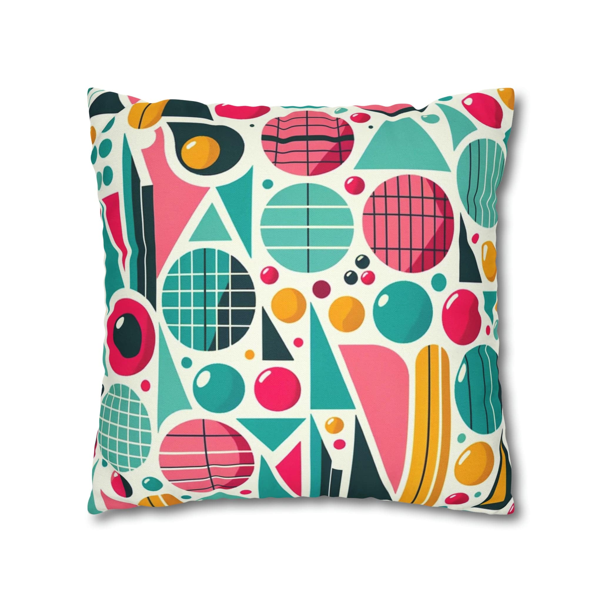 Mid Century Modern Atomic Pink, Geometric, Aqua Blue, Yellow, Mod Retro Groovy Spun Polyester Square Pillow Case Home Decor