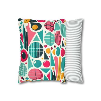 Mid Century Modern Atomic Pink, Geometric, Aqua Blue, Yellow, Mod Retro Groovy Spun Polyester Square Pillow Case Home Decor