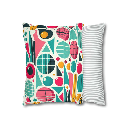 Mid Century Modern Atomic Pink, Geometric, Aqua Blue, Yellow, Mod Retro Groovy Spun Polyester Square Pillow Case Home Decor