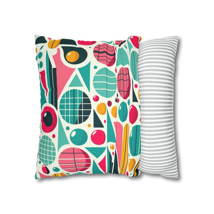 Mid Century Modern Atomic Pink, Geometric, Aqua Blue, Yellow, Mod Retro Groovy Spun Polyester Square Pillow Case Home Decor