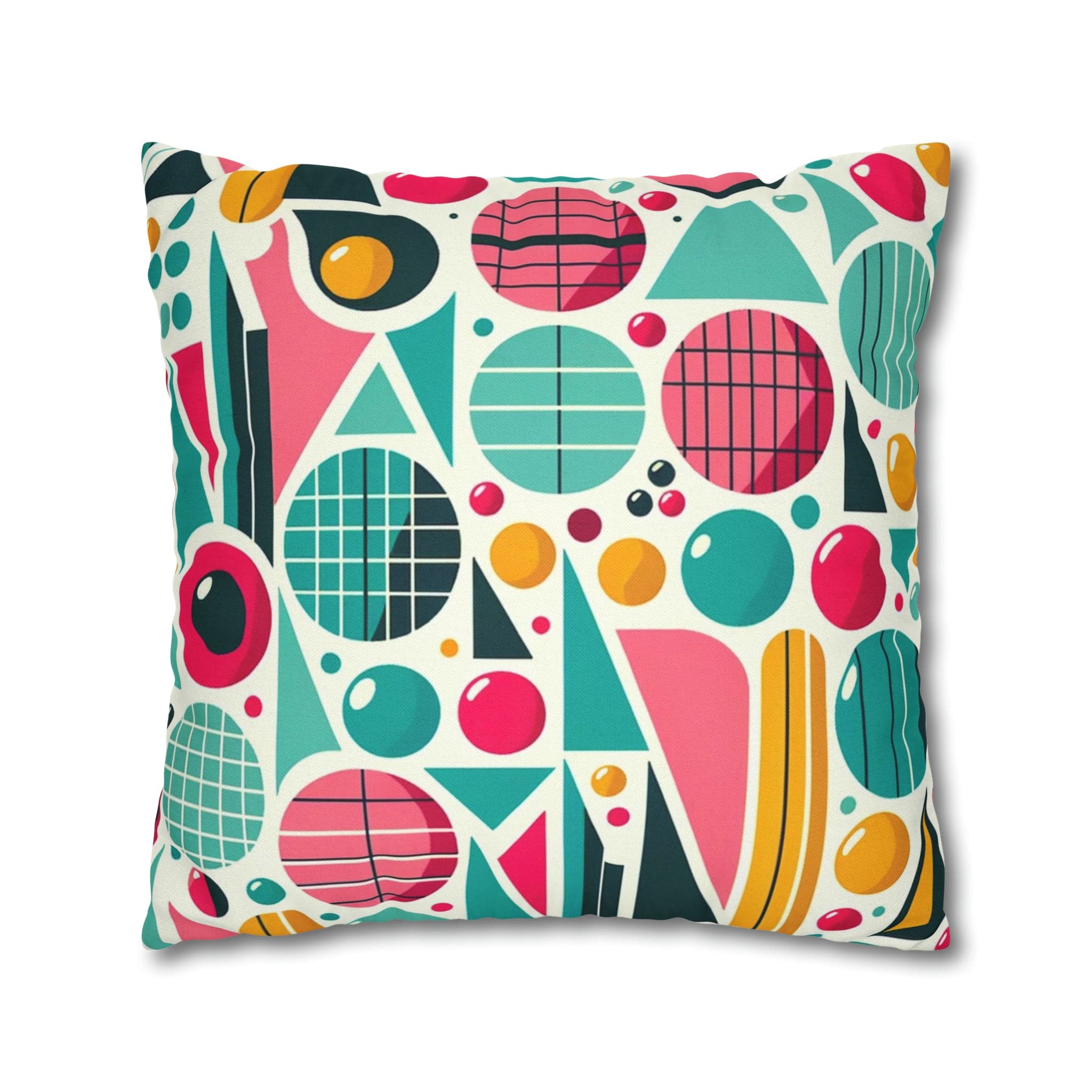 Mid Century Modern Atomic Pink, Geometric, Aqua Blue, Yellow, Mod Retro Groovy Spun Polyester Square Pillow Case Home Decor