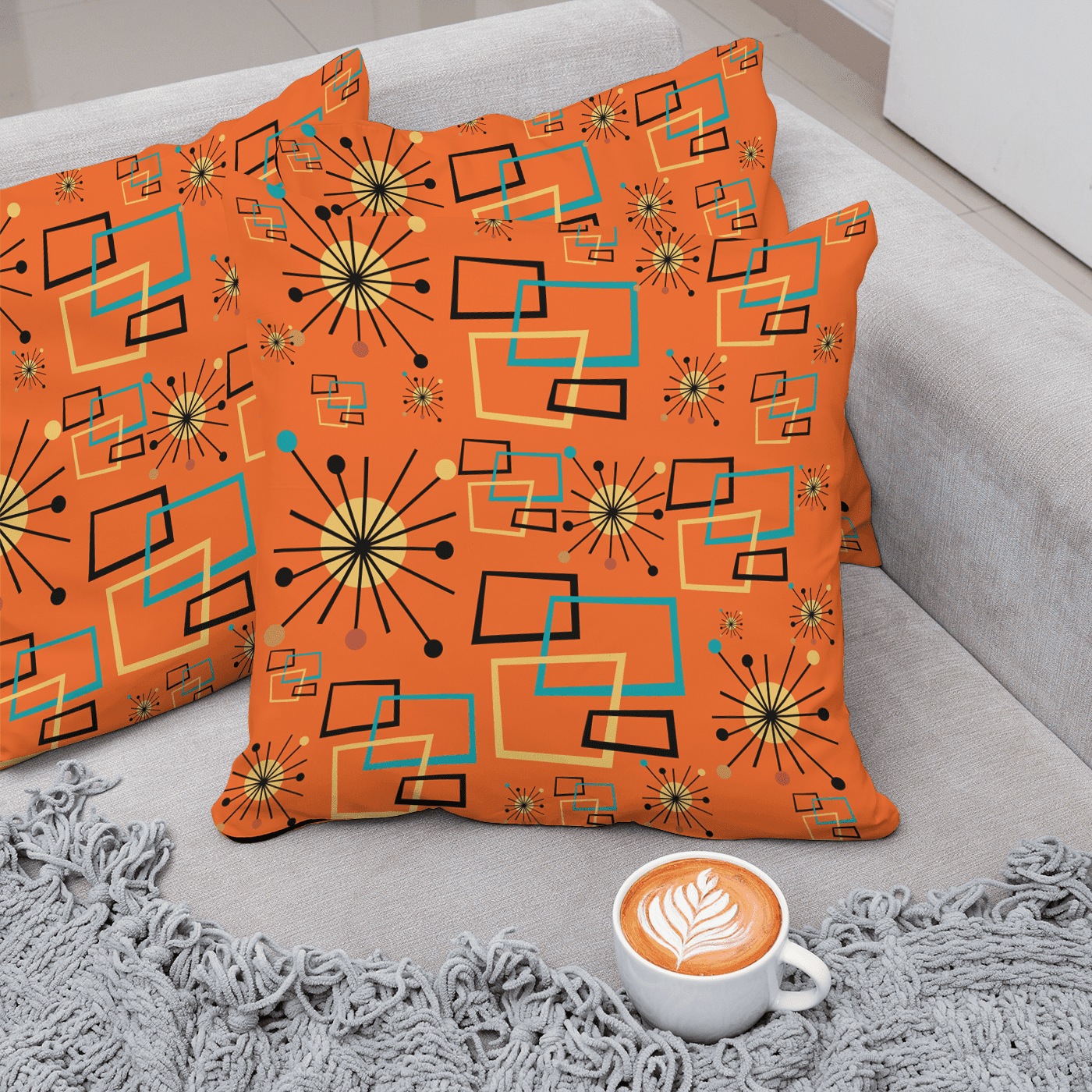 Mid Century Modern Atomic Starburst, Orange, Geometric, Retro Pillow Case And Insert Home Decor