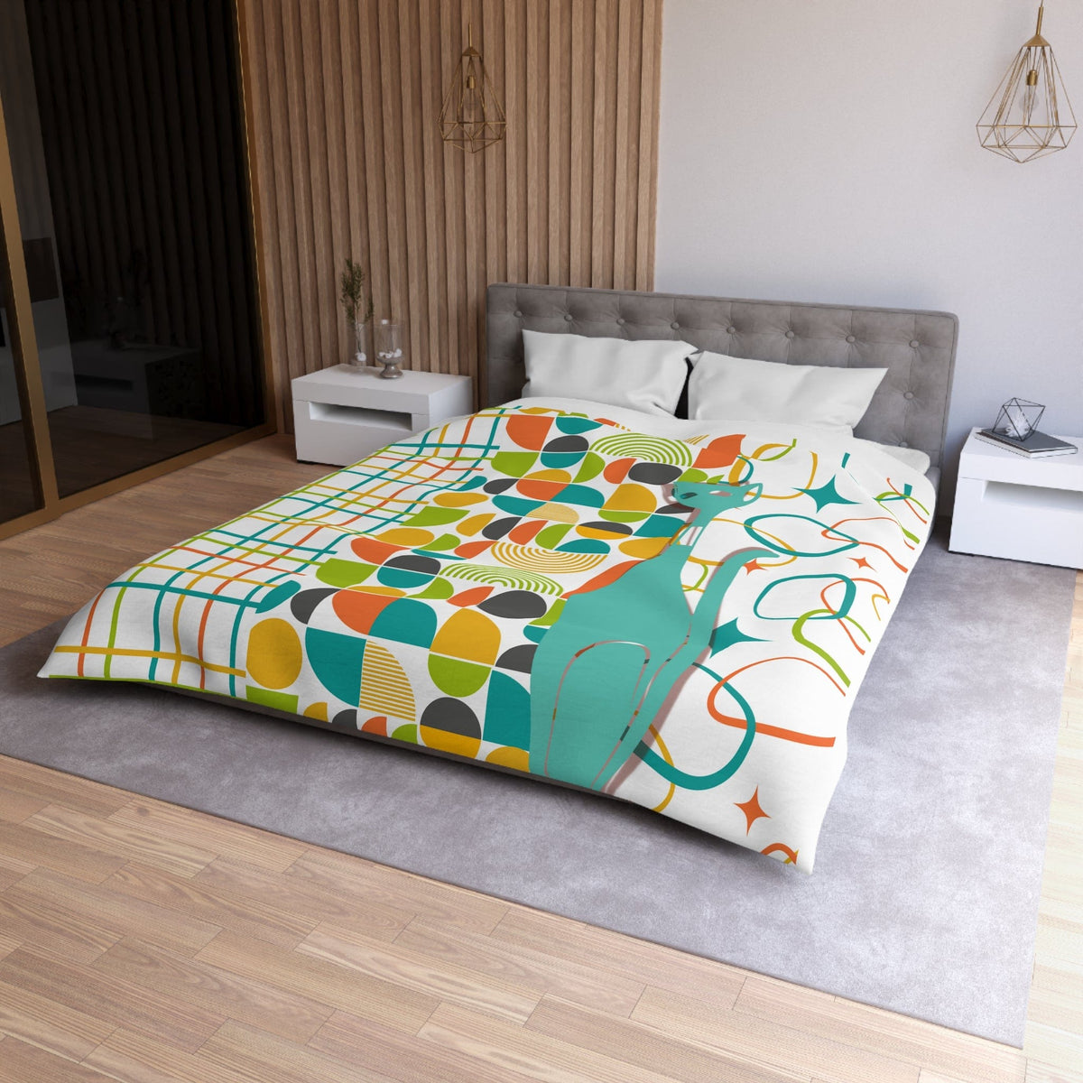 Mid Century Modern Bedding, Duvet,  Atomic Cat, White, Aqua, Orange, Yellow, FUN, Funky, Geometric, Retro Home Decor Microfiber Duvet Cover Home Decor