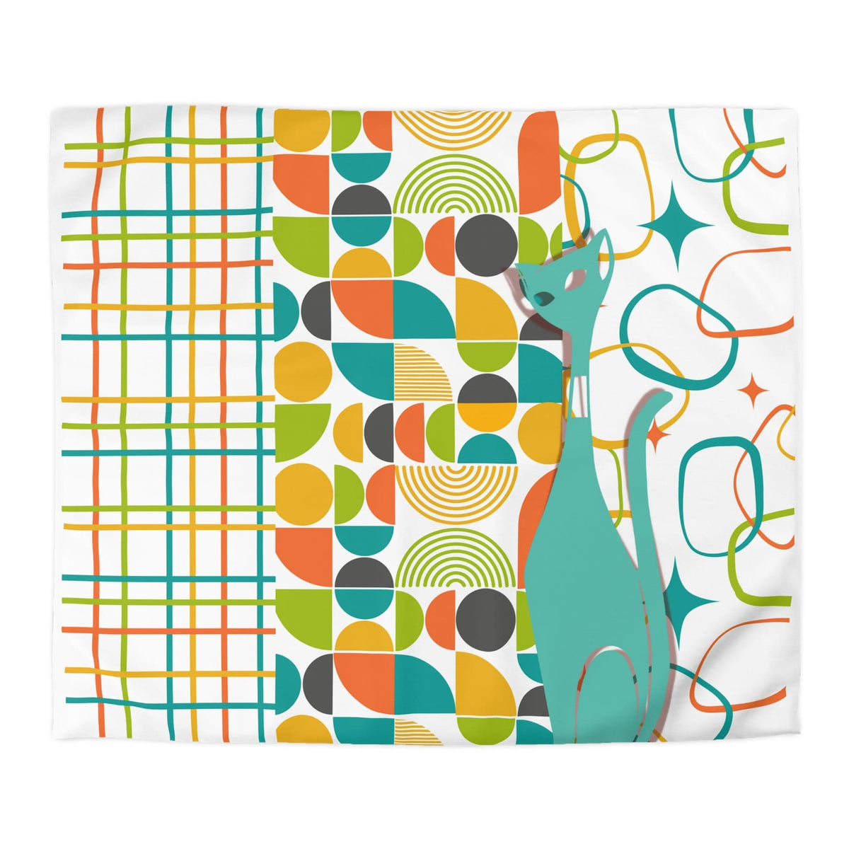 Mid Century Modern Bedding, Duvet,  Atomic Cat, White, Aqua, Orange, Yellow, FUN, Funky, Geometric, Retro Home Decor Microfiber Duvet Cover Home Decor