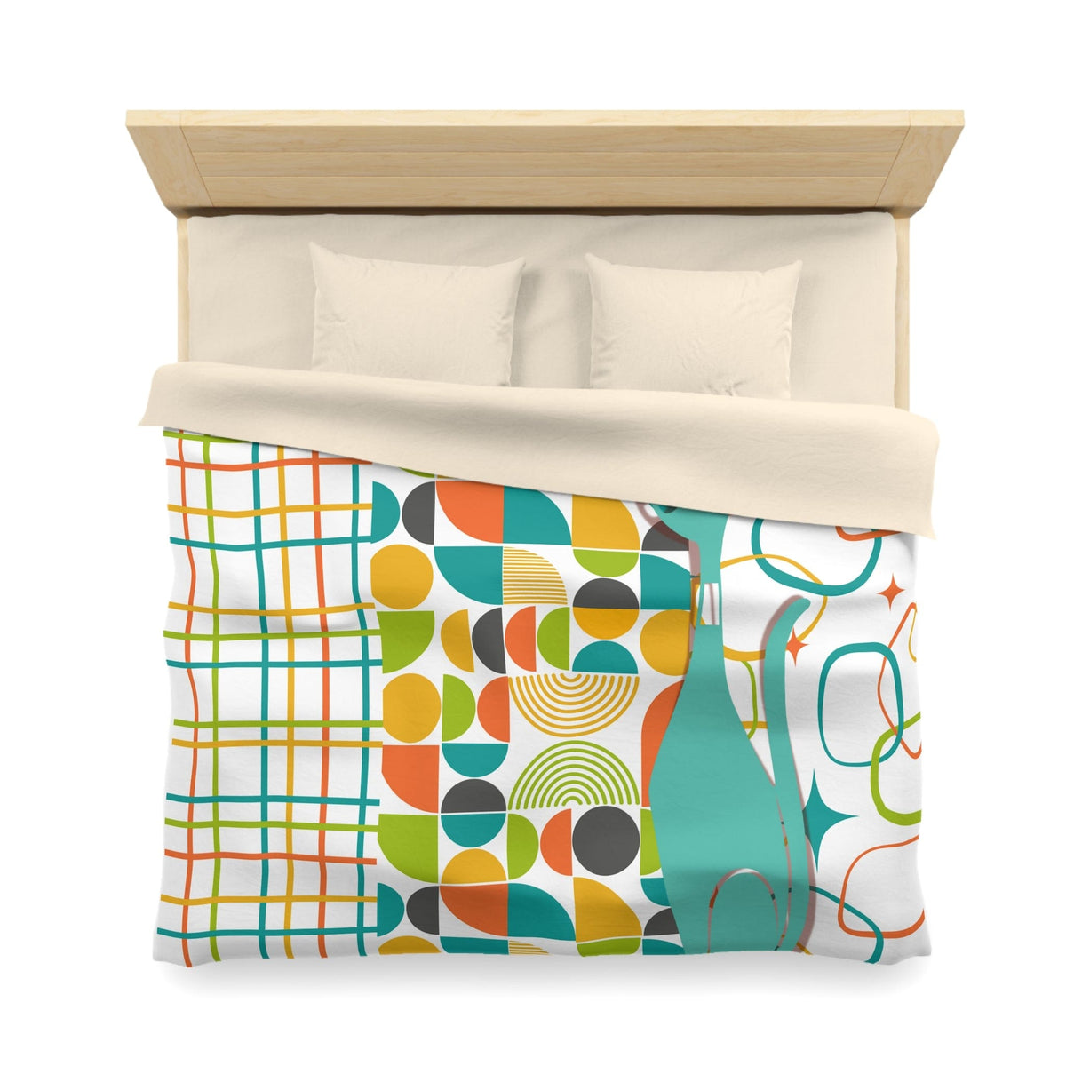Mid Century Modern Bedding, Duvet,  Atomic Cat, White, Aqua, Orange, Yellow, FUN, Funky, Geometric, Retro Home Decor Microfiber Duvet Cover Home Decor