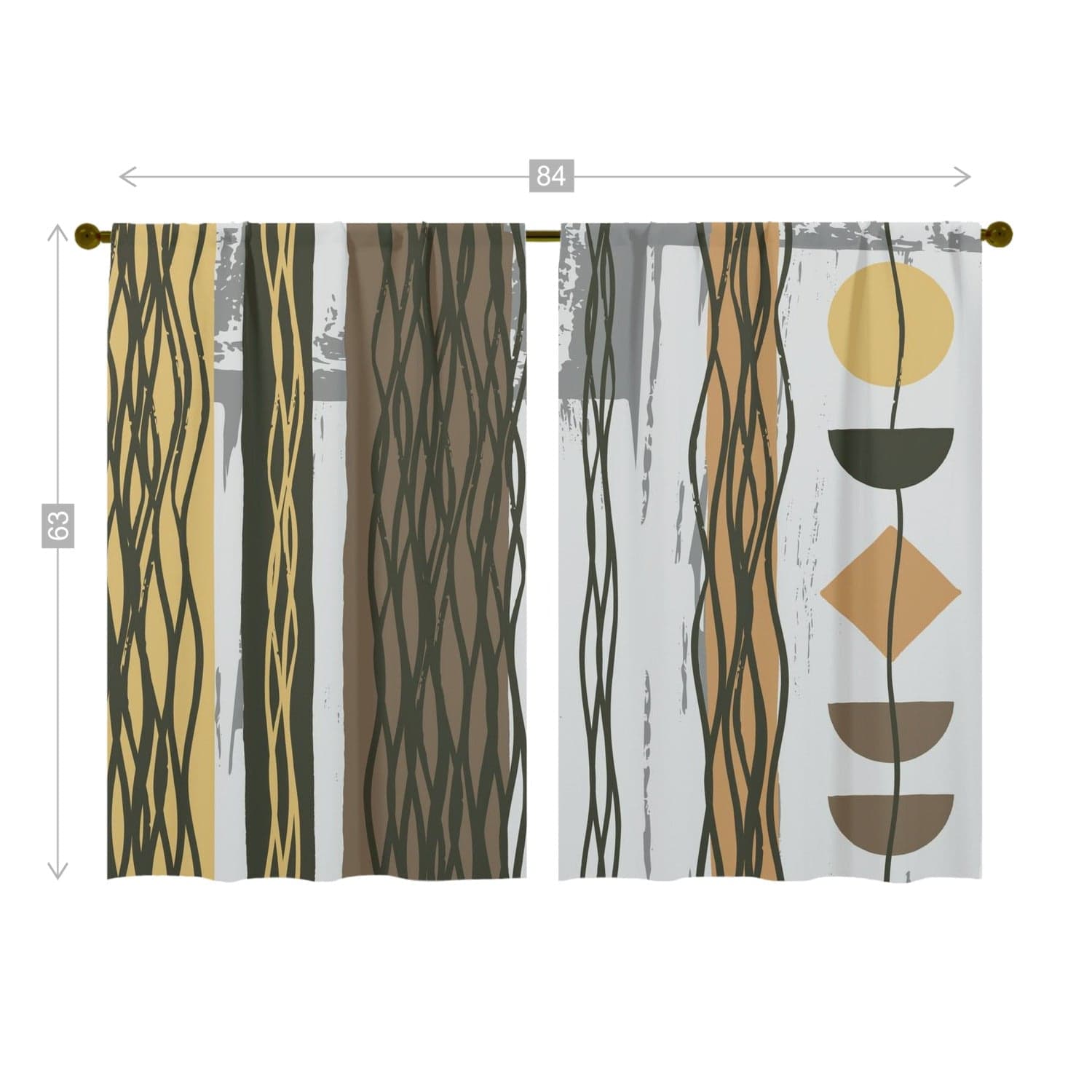 Mid Century Modern Bohemian Retro Brown, Yellow, Gray Abstract Geometric Window Curtains (two panels) Curtains