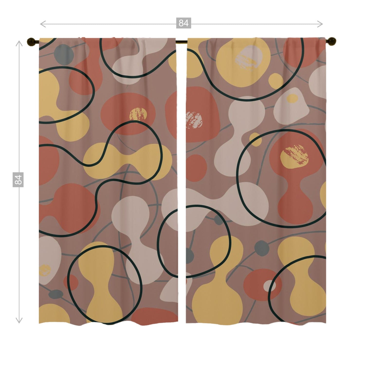 Mid Century Modern Boho Abstract Geometric, Brown, Yellow, Black, Beige, Terracotta Retro Window Curtains Curtains