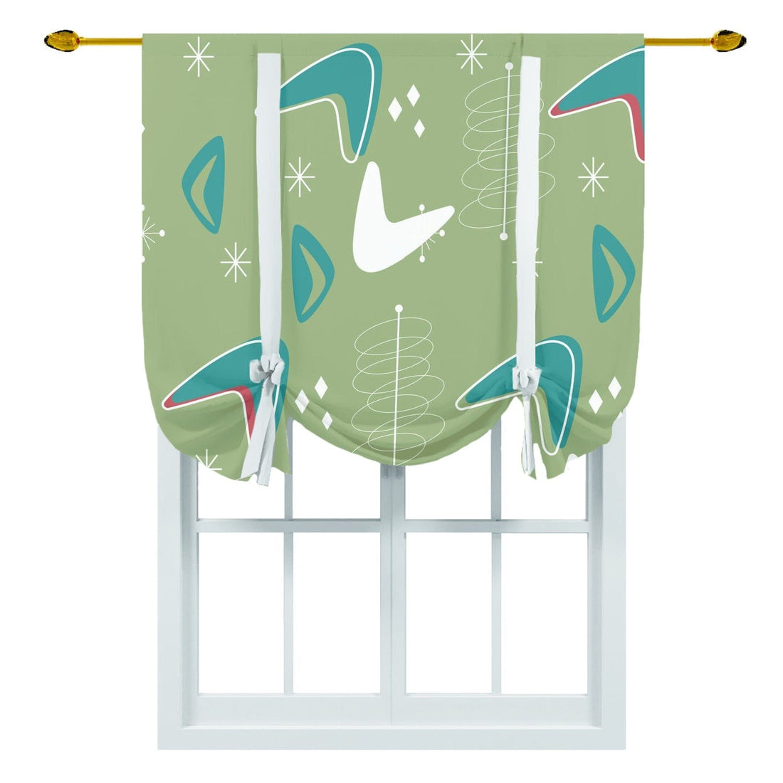 Mid Century Modern Cafe Curtain, Green, Teal, White Boomerange Retro Tie Up curtain Curtains