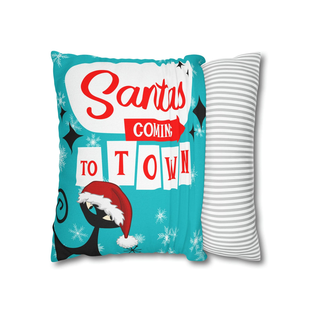 Mid Century Modern Chrismas Pillow Cover, Atomic Kitschy Cat, Snowflakes Pillow Cover, Aqua Blue Holiday MCM Pillow Case Cusion Covers Home Decor