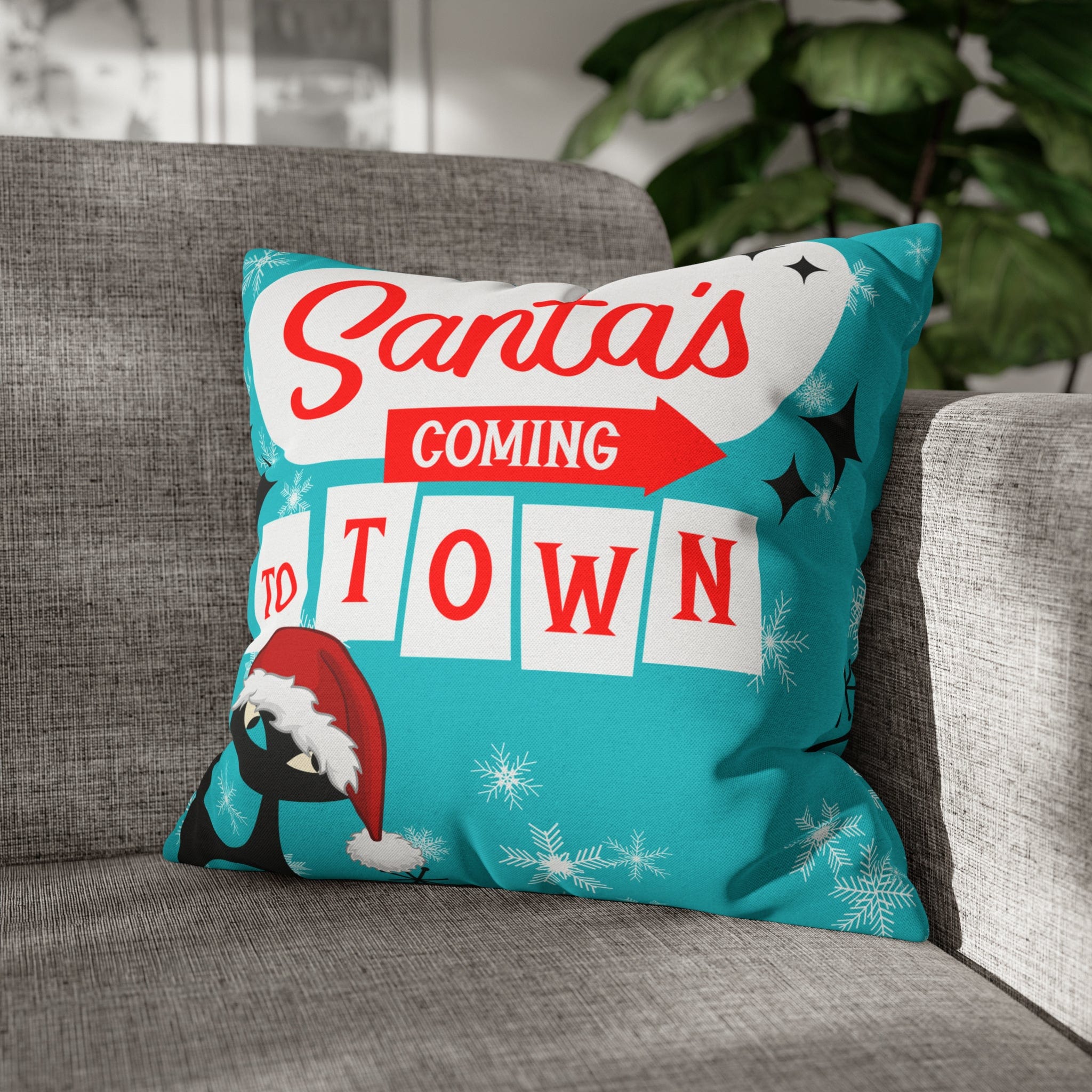 Mid Century Modern Chrismas Pillow Cover, Atomic Kitschy Cat, Snowflakes Pillow Cover, Aqua Blue Holiday MCM Pillow Case Cusion Covers Home Decor