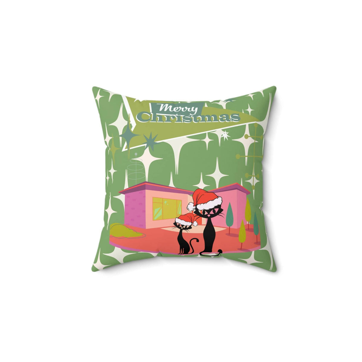 Mid Century Modern Christmas Atomic Cat, Kitschy 50's Christmas Home Decor Green Starburst Spun Polyester Square Pillow Home Decor