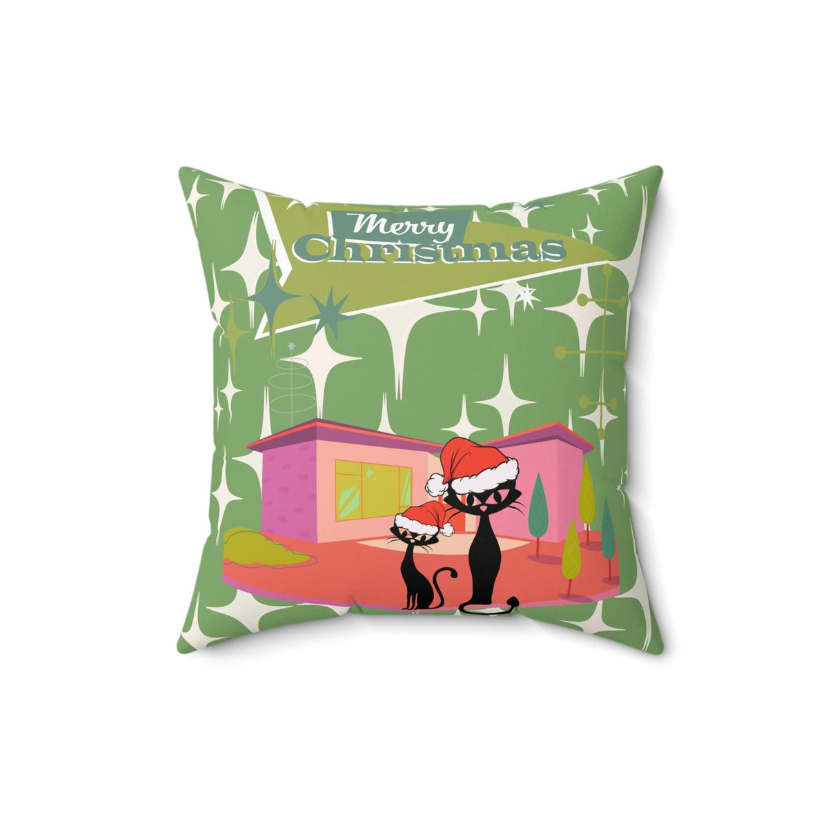 Mid Century Modern Christmas Atomic Cat, Kitschy 50's Christmas Home Decor Green Starburst Spun Polyester Square Pillow Home Decor