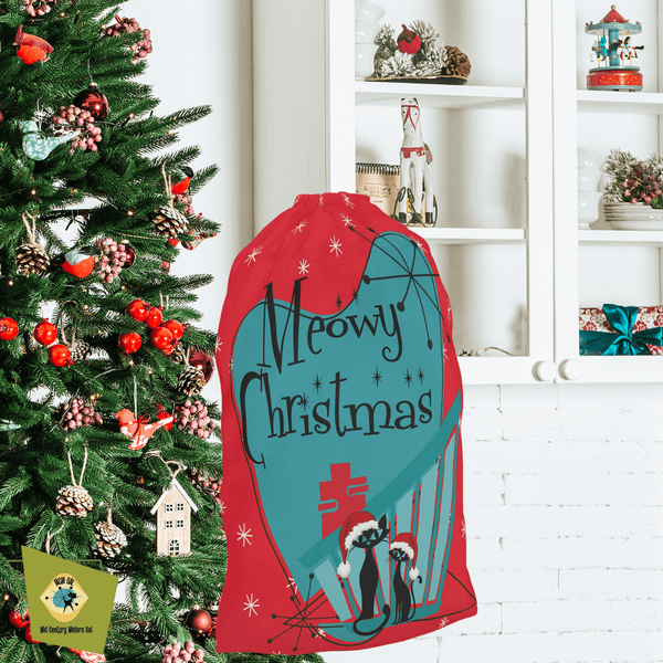 Mid Century Modern Christmas Bag Present Sack, Gift Sack, Atomic Cats, Meowy Christmas Red And Aqua Christmas Decor