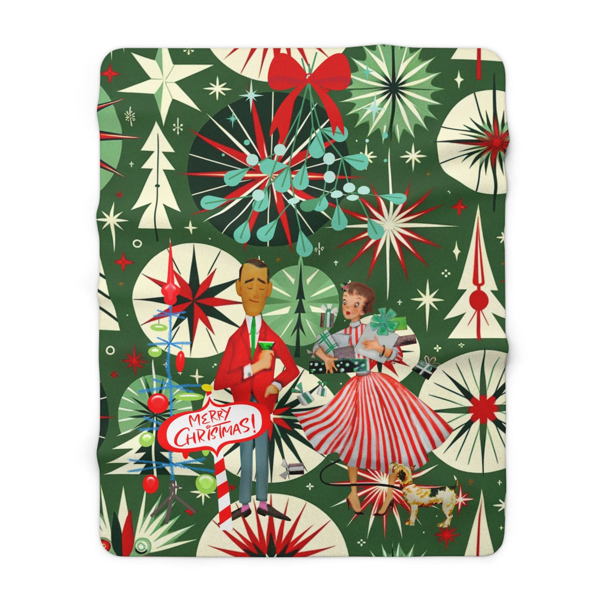 Mid Century Modern Christmas Blanket, Retro Kitsch 50's Couple, Green, Red, Starburst Sherpa Fleece Blanket Home Decor