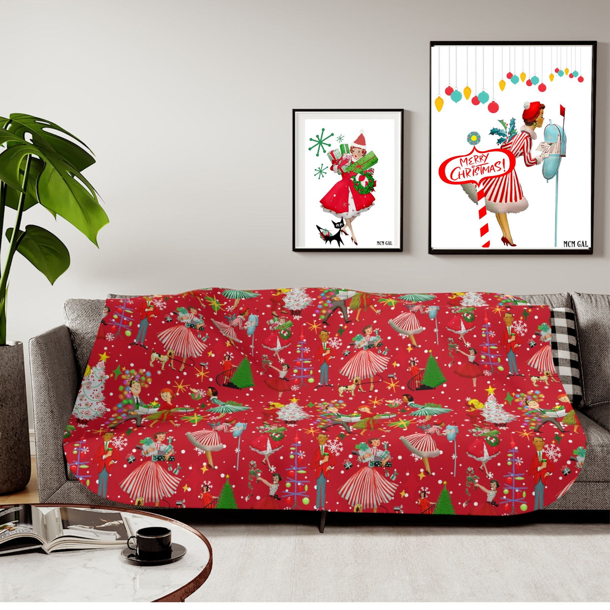 Mid Century Modern Christmas Cards, Kitschy 50's Red, Holiday Gift That Keeps On Giving Christmas Blanket Sherpa Blanket Home Decor