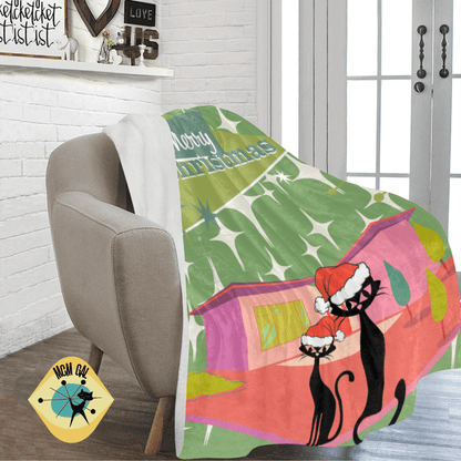 Mid Century Modern Christmas, Couples Gift, Kitschy Atomic Cat Designs, Holiday Retro Christmas Sherpa Fleece Blanket Home Decor