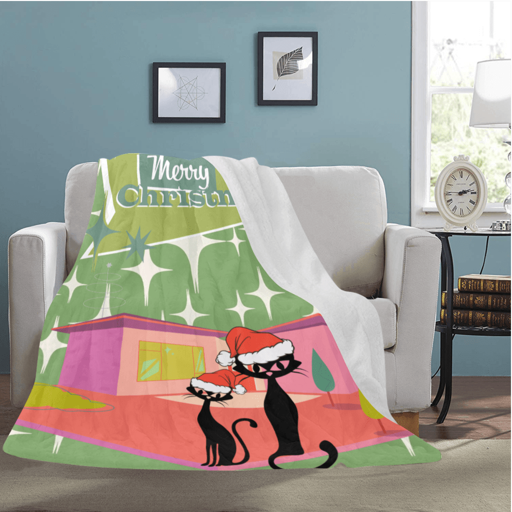 Mid Century Modern Christmas, Couples Gift, Kitschy Atomic Cat Designs, Holiday Retro Christmas Sherpa Fleece Blanket Home Decor