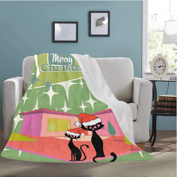 Mid Century Modern Christmas, Couples Gift, Kitschy Atomic Cat Designs, Holiday Retro Christmas Sherpa Fleece Blanket
