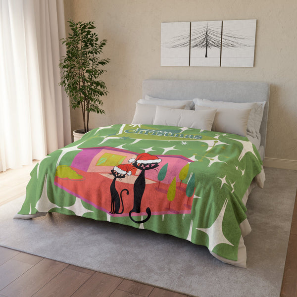 Mid Century Modern Christmas, Couples Gift, Kitschy Atomic Cat Designs, Holiday Retro Christmas Sherpa Fleece Blanket