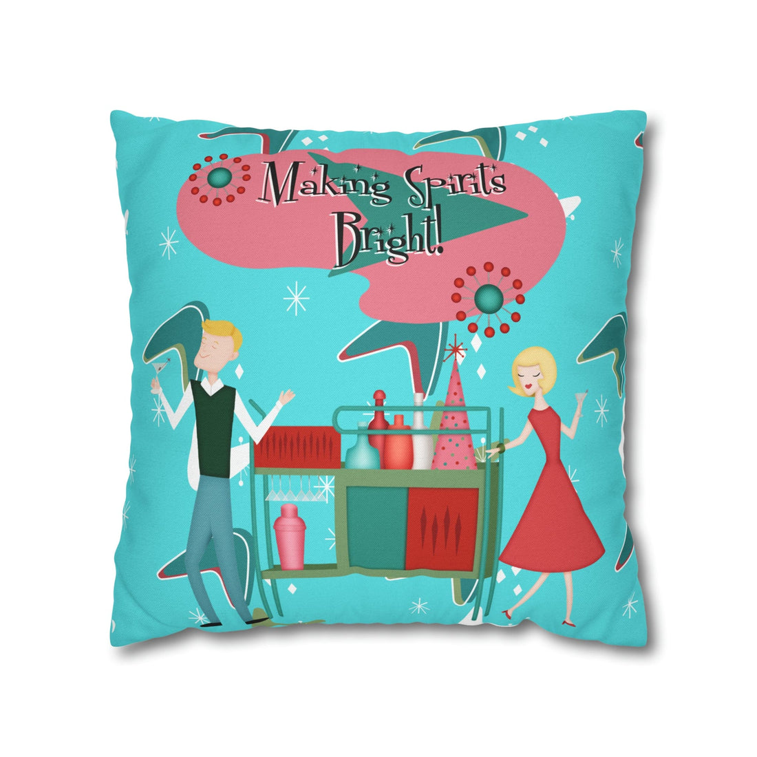 Mid Century Modern Christmas, Making the Spirits Brighter, Atomic Cocktail Kitschy Holiday Christmas Pillow Case Home Decor