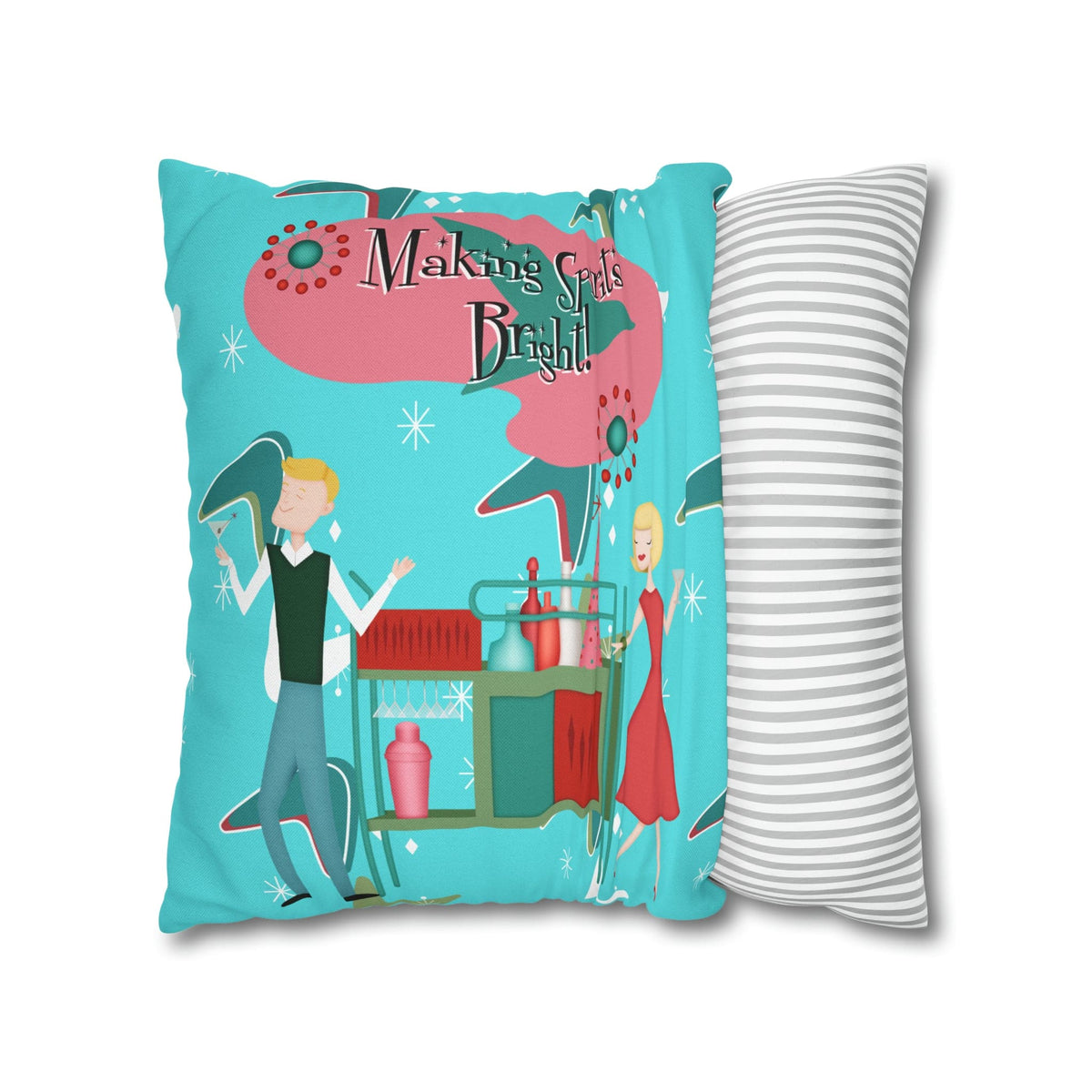 Mid Century Modern Christmas, Making the Spirits Brighter, Atomic Cocktail Kitschy Holiday Christmas Pillow Case Home Decor