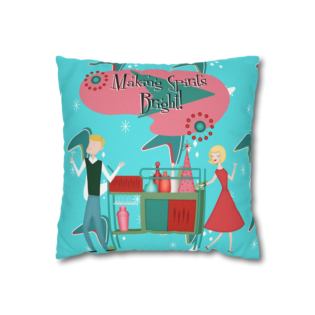 Mid Century Modern Christmas, Making the Spirits Brighter, Atomic Cocktail Kitschy Holiday Christmas Pillow Case Home Decor