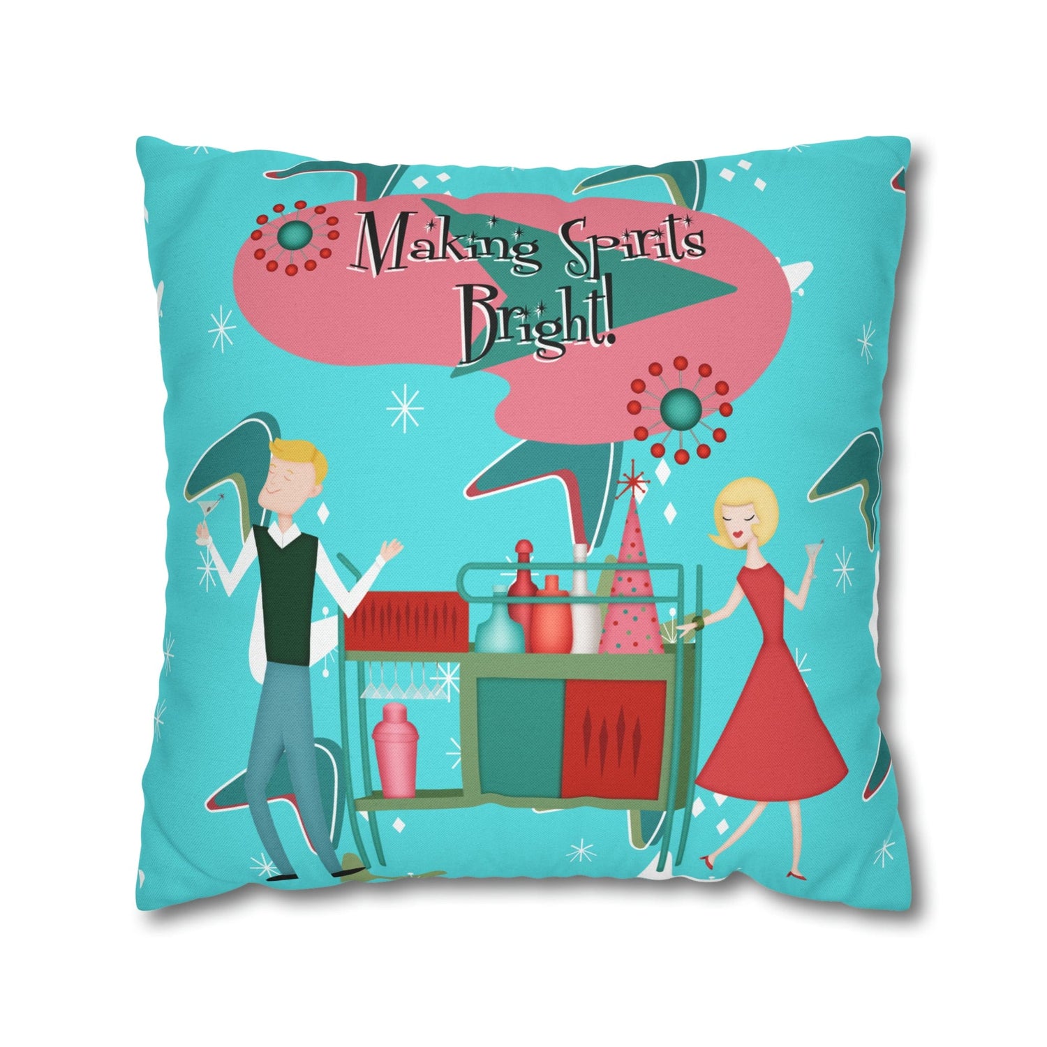 Mid Century Modern Christmas, Making the Spirits Brighter, Atomic Cocktail Kitschy Holiday Christmas Pillow Case Home Decor