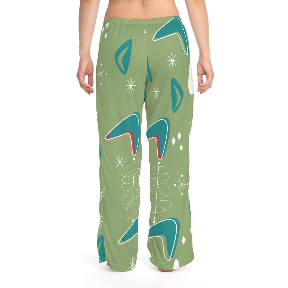 Mid Century Modern Christmas Pajama Loung Pants, Atomic Green, Boomerand Retro Cozy Women's Pajama Pants All Over Prints