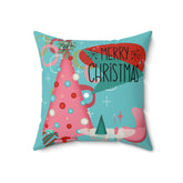 Mid Century Modern Christmas Pillow, Aqua Pink, Whimsical Holiday Kitsch Polyester Square Pillow Home Decor Mid Century Modern Gal