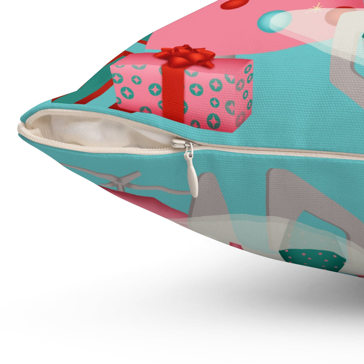 Mid Century Modern Christmas Pillow, Aqua Pink, Whimsical Holiday Kitsch Polyester Square Pillow Home Decor