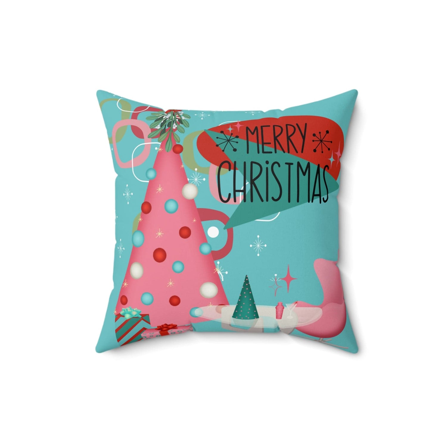 Mid Century Modern Christmas Pillow, Aqua Pink, Whimsical Holiday Kitsch Polyester Square Pillow Home Decor