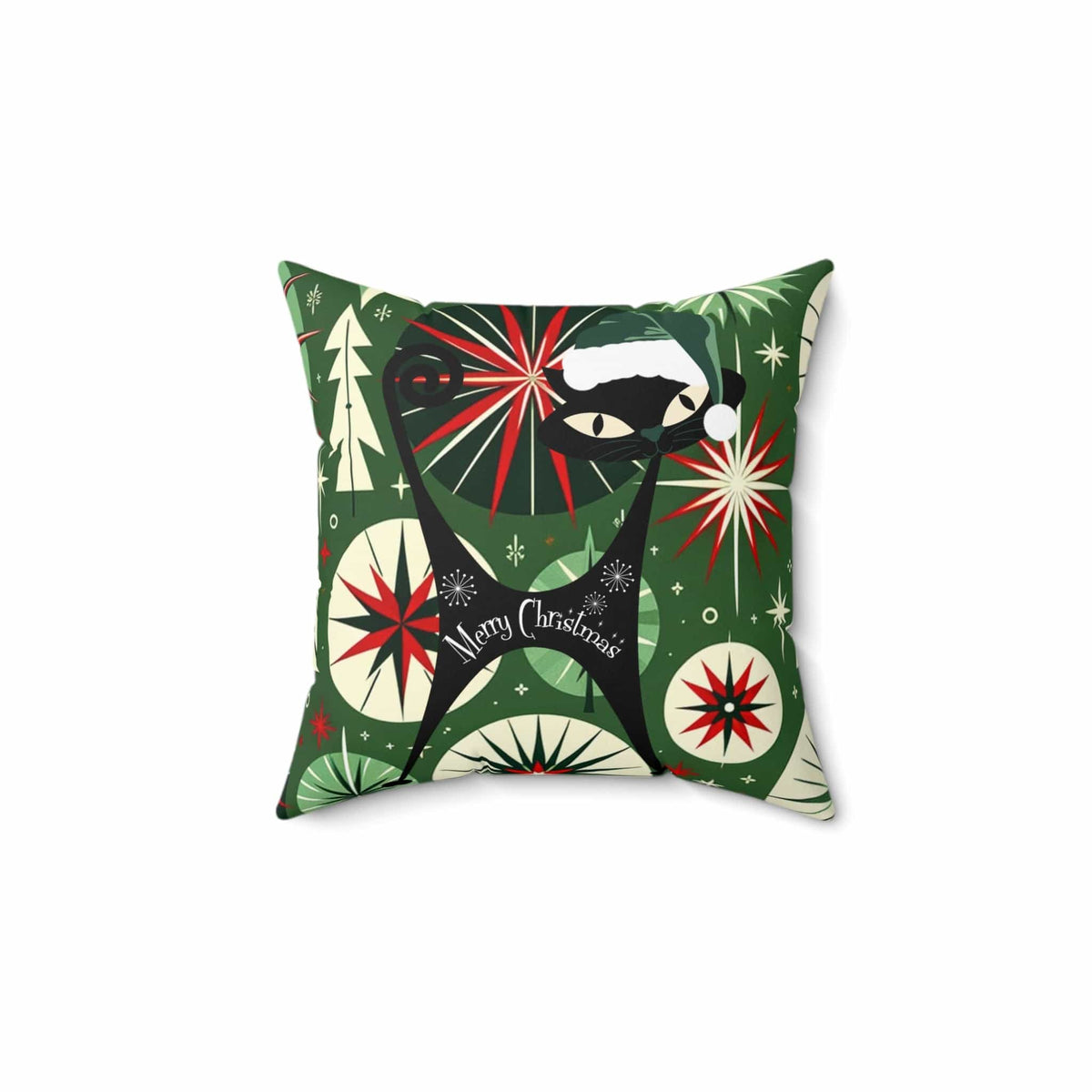 Mid Century Modern Christmas Pillow, Atomic Cat, Starbursts, Sputnik Designs, Green, Red Pillow And Insert Home Decor