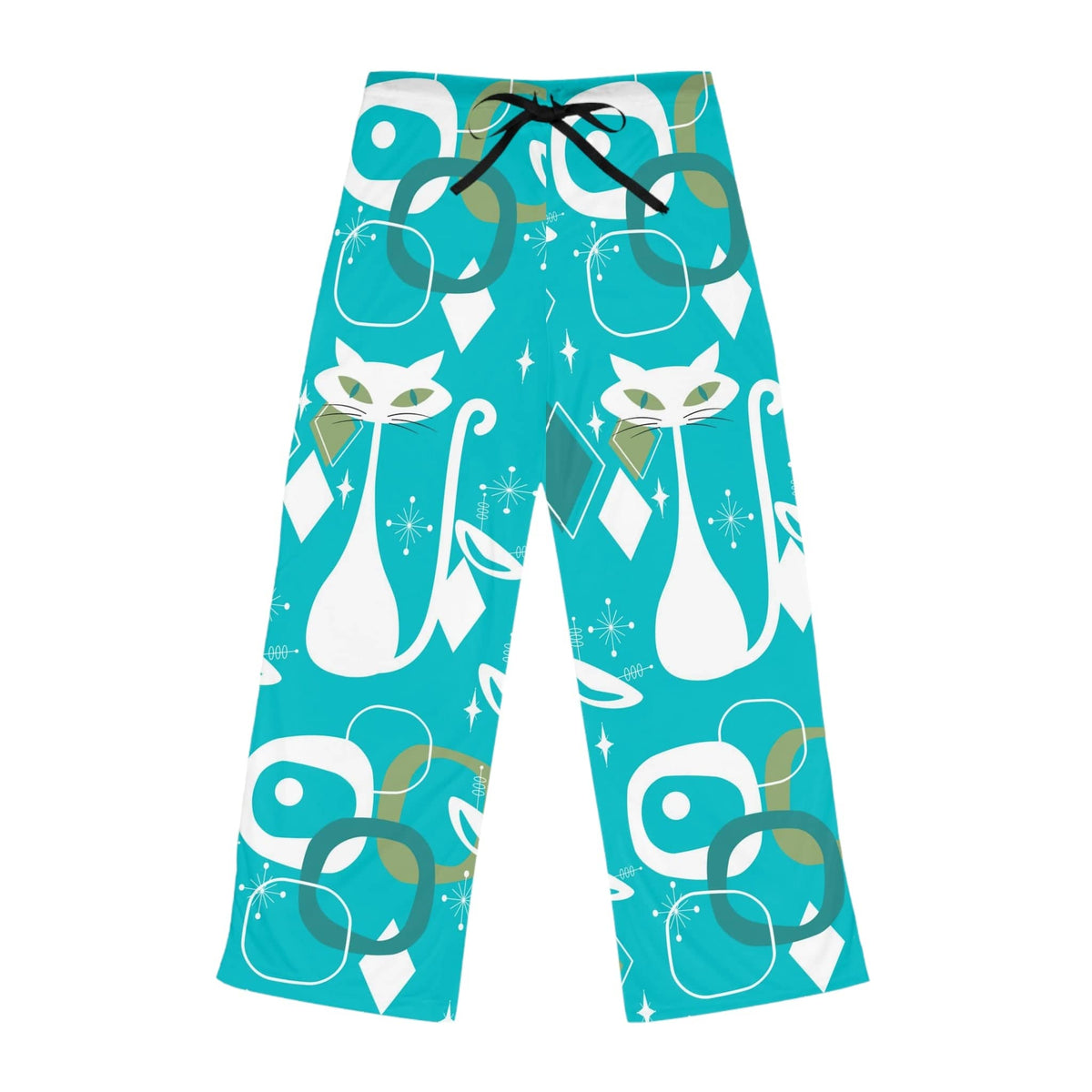 Mid Century Modern Christmas PJ Bottoms, Aqua Blue, White Kitschy Cats, Comfy Cozy Loungewear Women's Pajama Pants All Over Prints