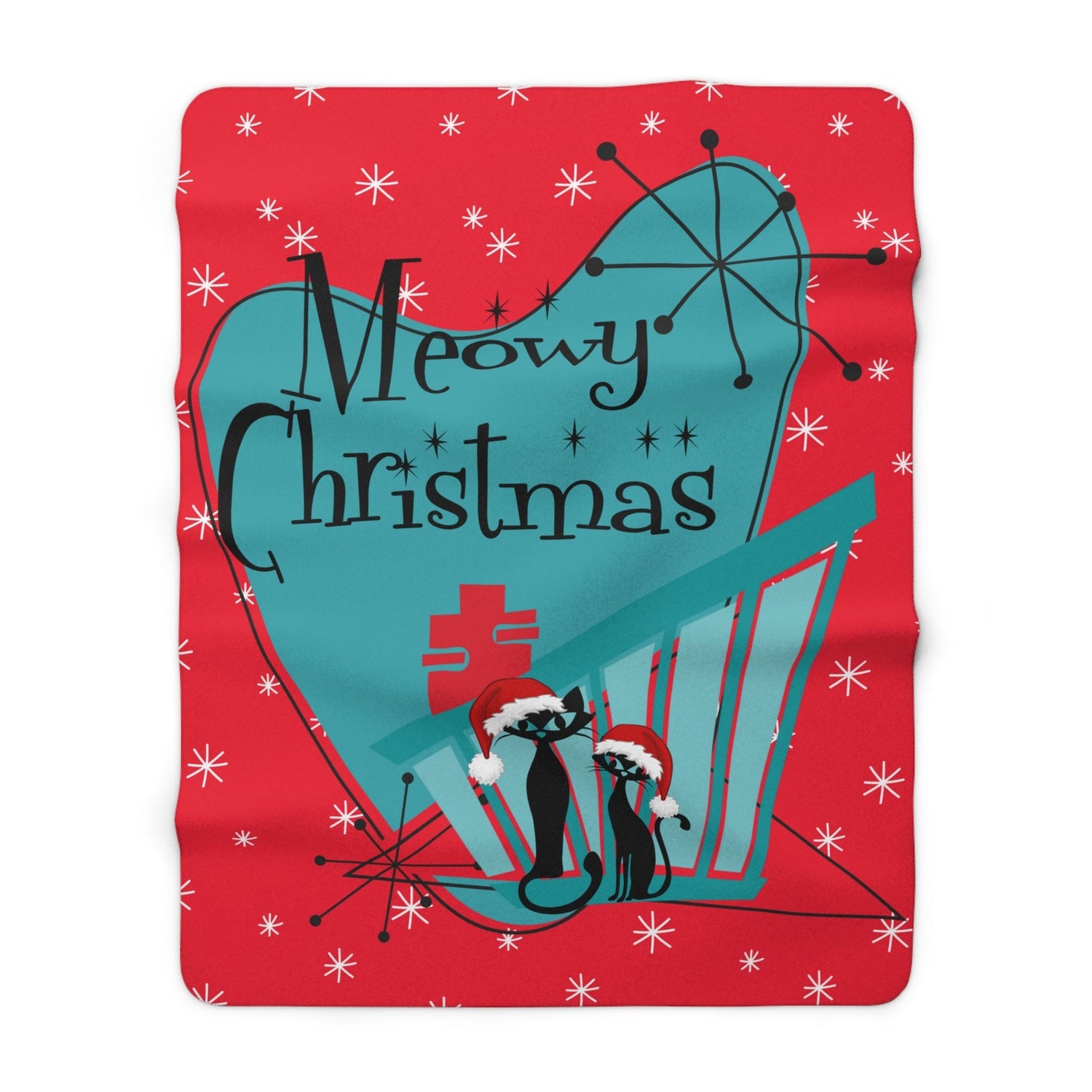 Mid Century Modern Christmas Red, Teal, Kitschy Aomic Cats, Meowy Christmas, Sherpa Fleece Blanket Home Decor
