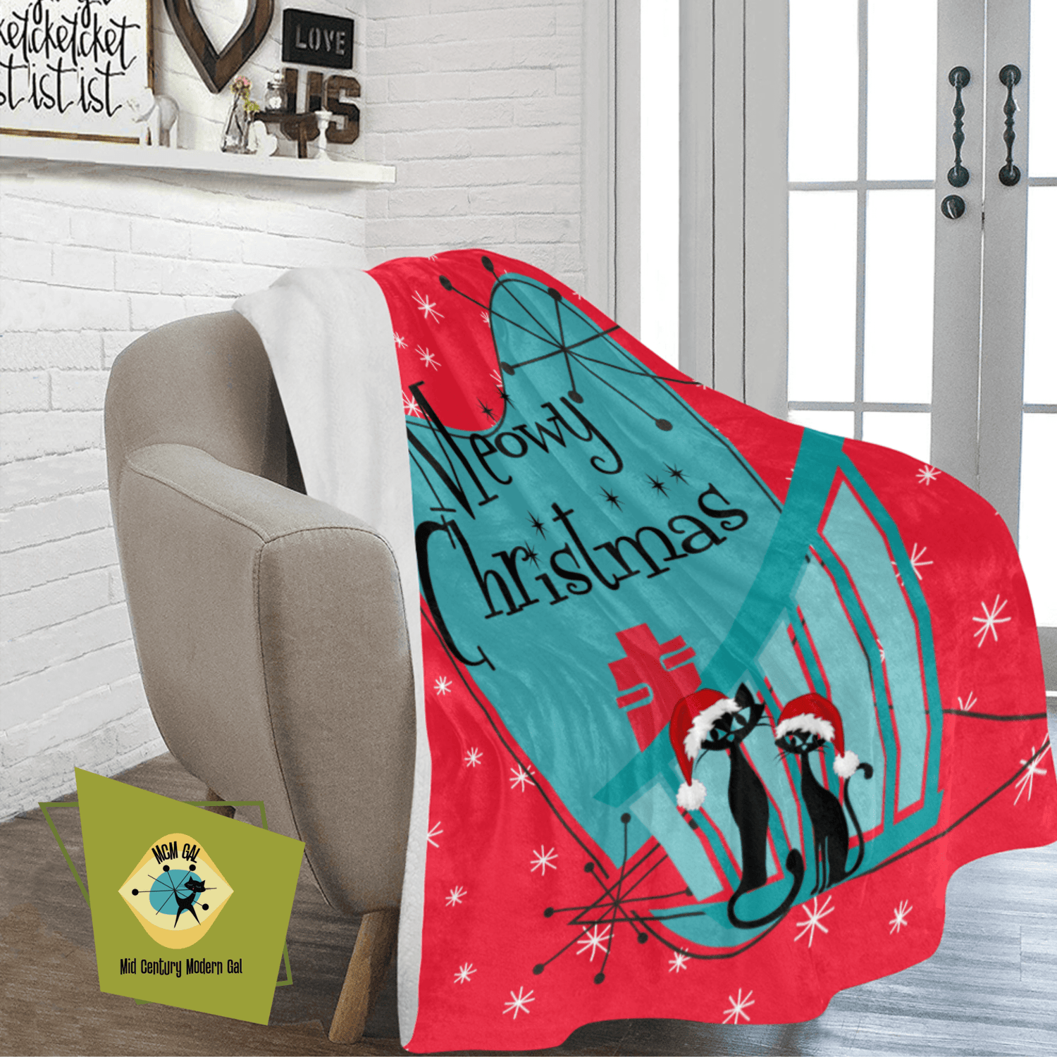 Mid Century Modern Christmas Red, Teal, Kitschy Aomic Cats, Meowy Christmas, Sherpa Fleece Blanket Home Decor