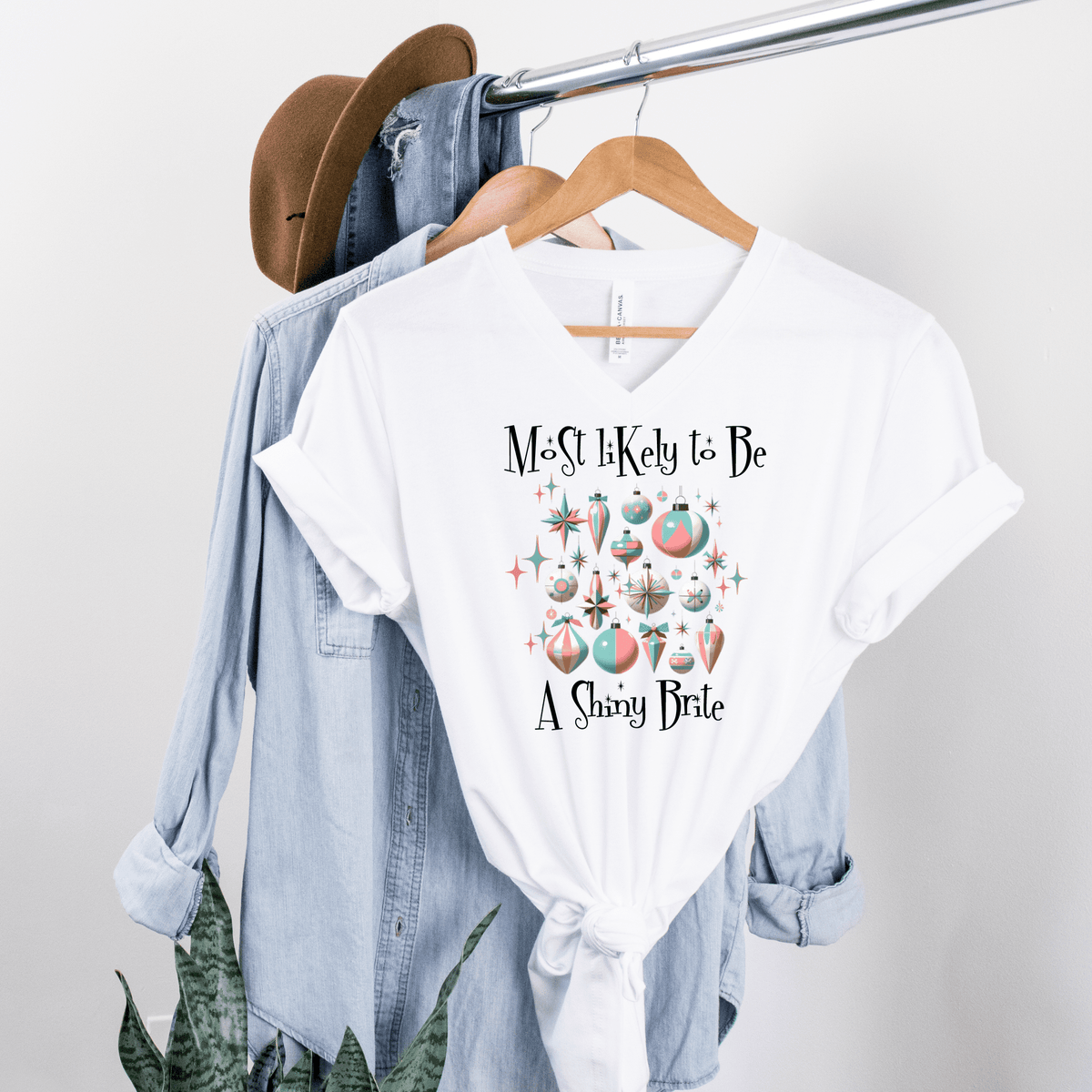Mid Century Modern Christmas T-Shirt, Most Likely To Be A Starbright Ornaments, Unisex Jersey Short Sleeve V-Neck Tee V-neck